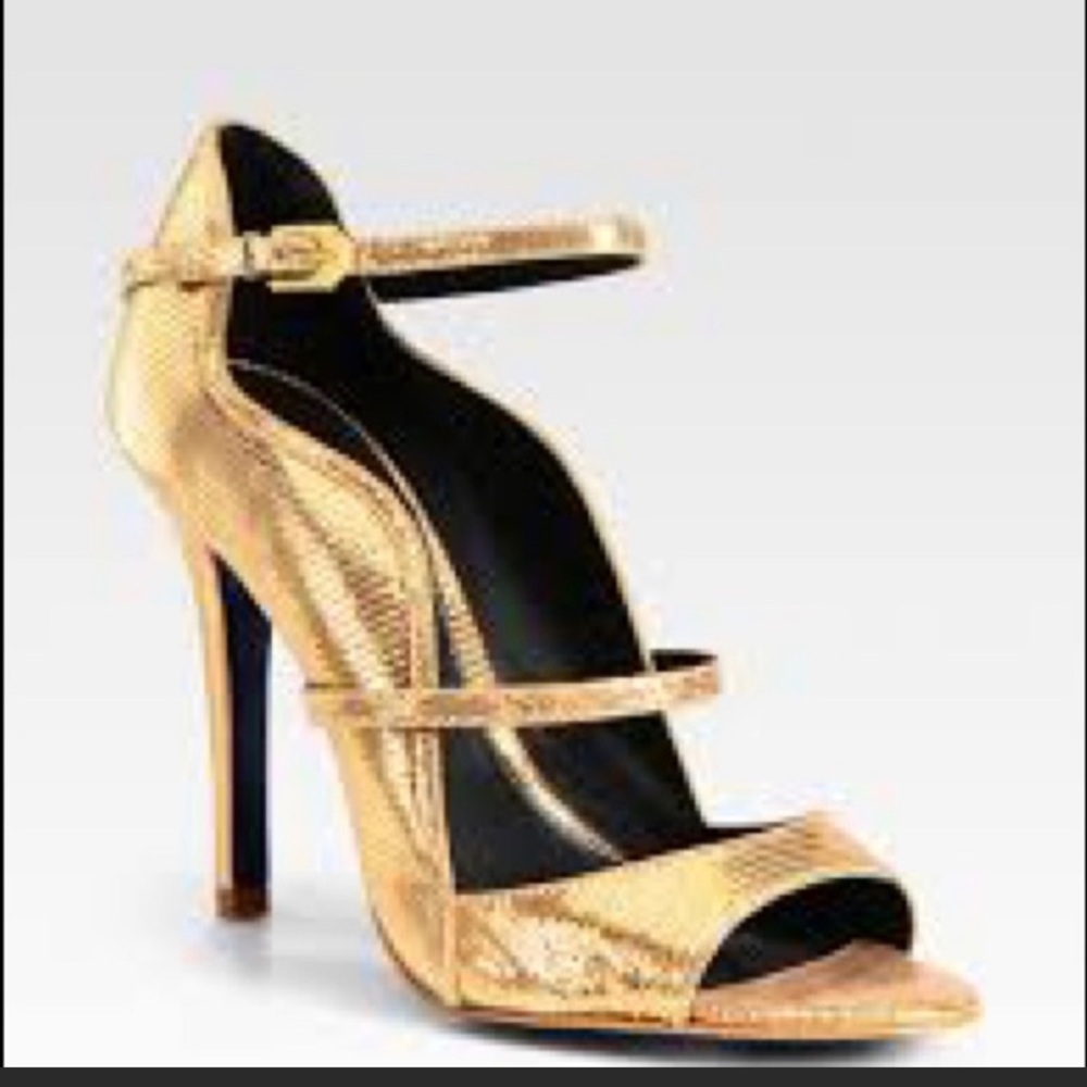 Rebecca Minkoff  “Penny” gold shine heel shoe